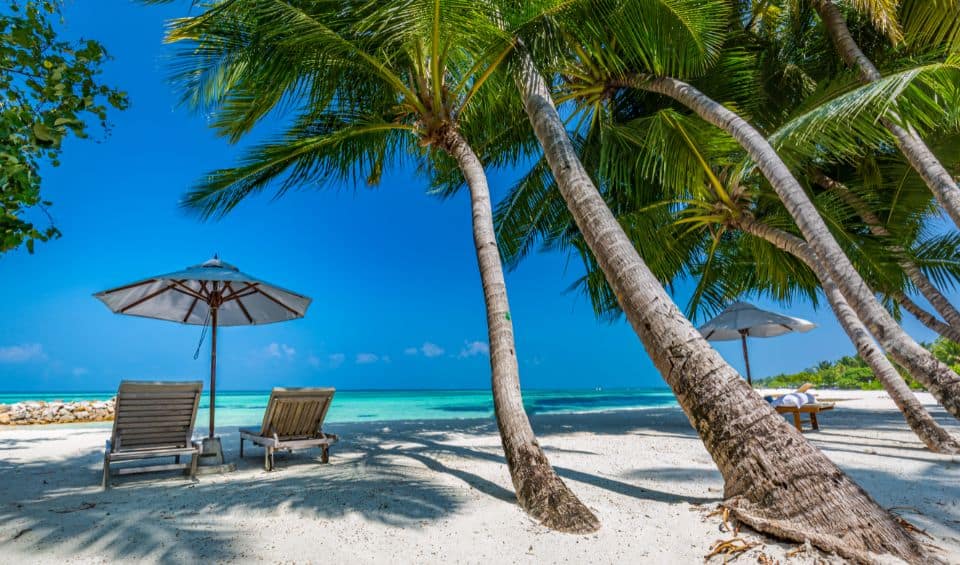cocoplum-beach | Hideaways Beach Resort Exuma, GeorgeTown Vacation Rentals Sunny tropical beach with white sand, turquoise water, and palm trees; two lounge chairs under umbrellas.