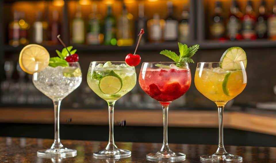 dining-recommendations | Hideaways Beach Resort Exuma, GeorgeTown Vacation Rentals Four cocktails on a bar counter, garnished with lemon, lime, cherry, and mint from left to right.